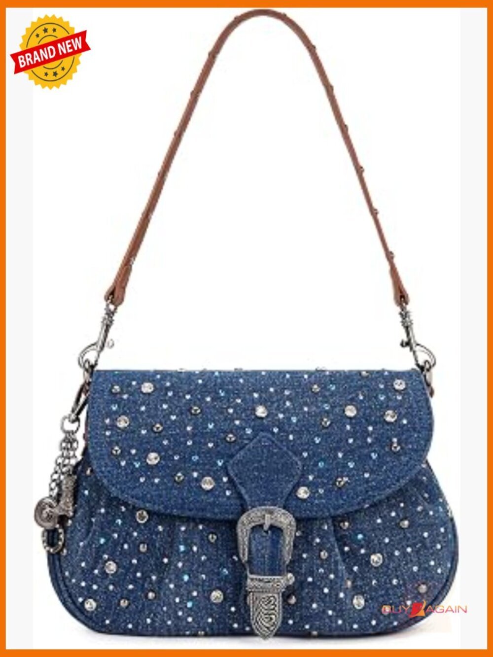 Rhinestone Denim Shoulder Bag Crossbody Purse with Western Buckle, Lightweight,